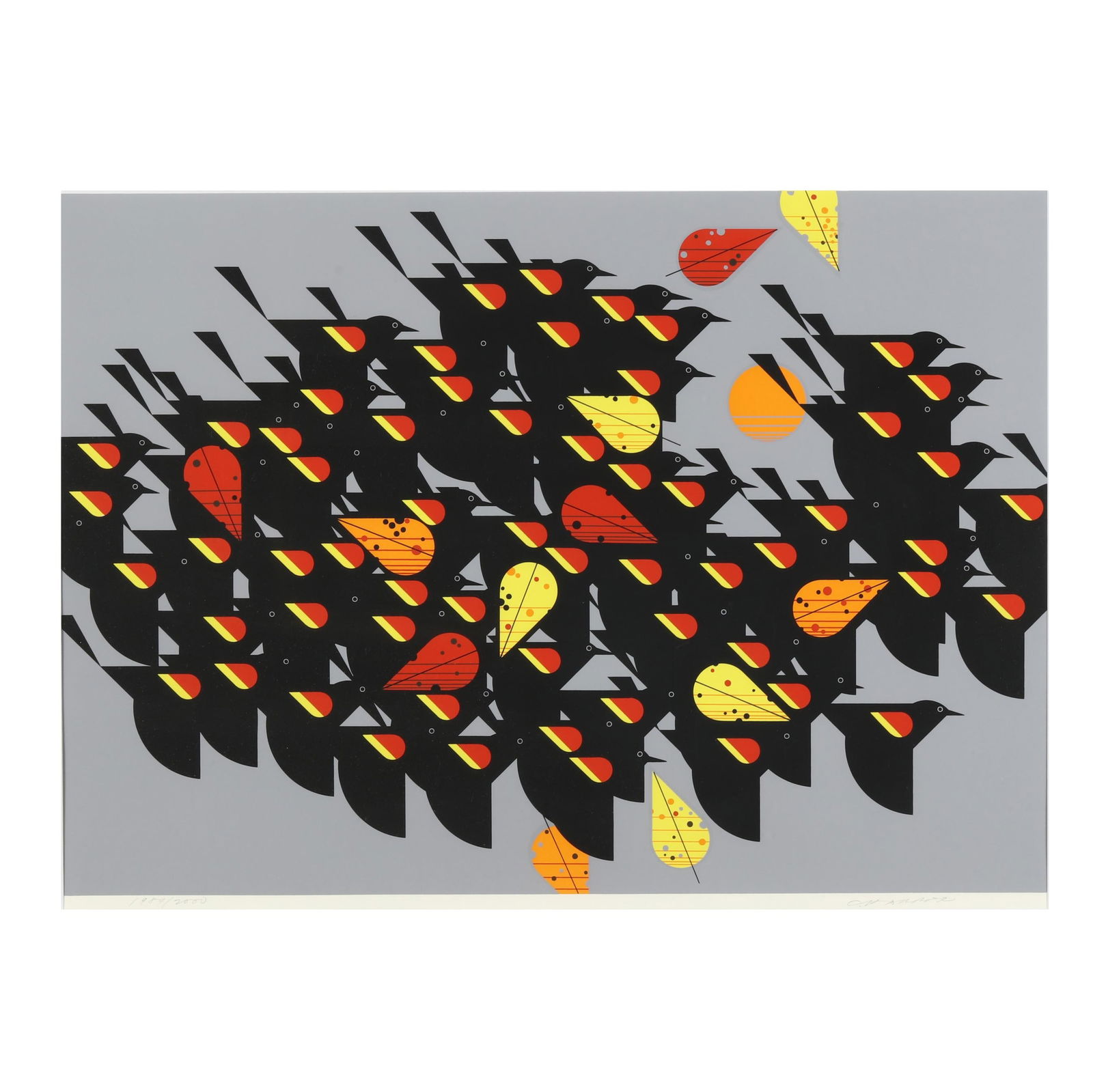 Charley Harper (American, 1922-2007), Birds of a Feather: Charley Harper (American, 1922-2007), Birds of a Featherserigraph in colors, 1974, pencil signed and numbered lower margin, retains label to verso, matted and framed. Frame dimensions 27 3/4 x 35 1/2