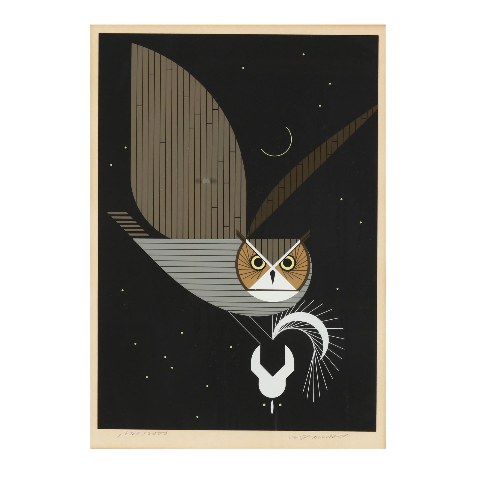 Charley Harper (American, 1922-2007), Pfwhoooooooooo!: Charley Harper (American, 1922-2007), Pfwhoooooooooo!serigraph in colors, 1975, pencil signed and numbered lower margin, matted and framed. Frame dimensions 24 3/4 x 19 1/8 in. Charley Harper (1922–