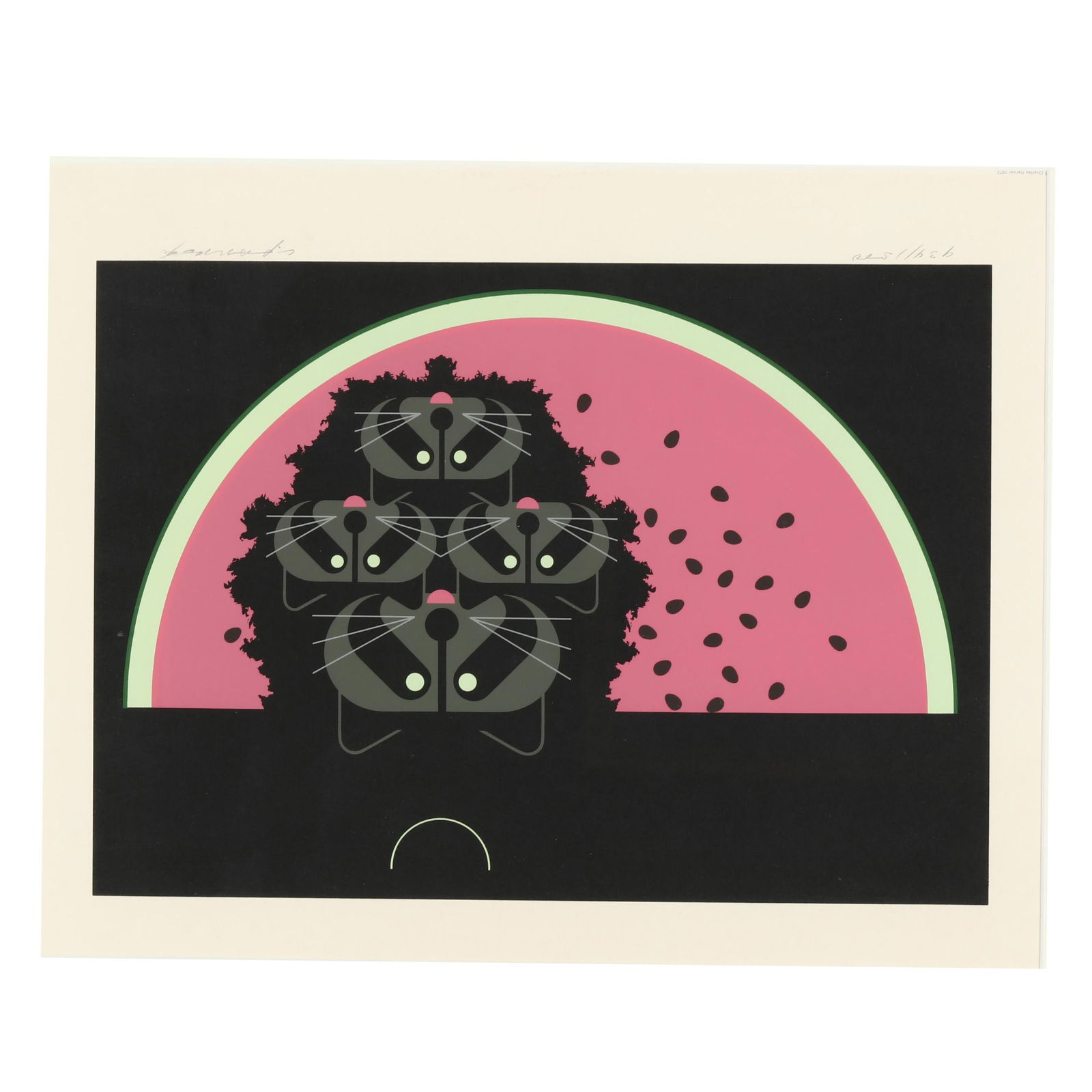 Charley Harper (American, 1922-2007), Watermelon Moon: Charley Harper (American, 1922-2007), Watermelon Moonserigraph in colors, 1973, pencil signed at numbered lower margin, matted and framed. Frame dimensions 20 3/8 x 24 3/8 in. Charley Harper (1922–2
