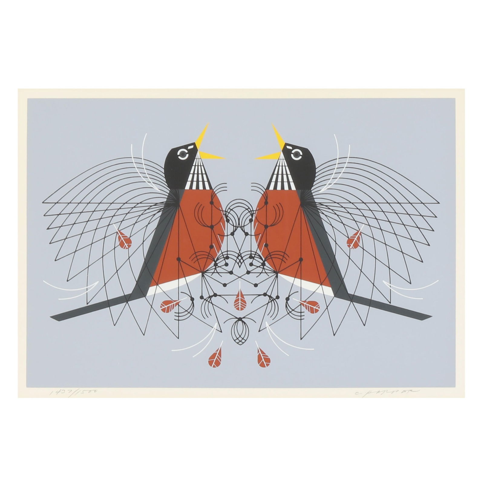 Charley Harper (American, 1922-2007), Round Robin: Charley Harper (American, 1922-2007), Round Robinserigraph in colors, 1973, pencil signed and numbered lower margin, retains artist's label to verso, matted and framed. Frame dimensions 18 1/2 x 23 3/