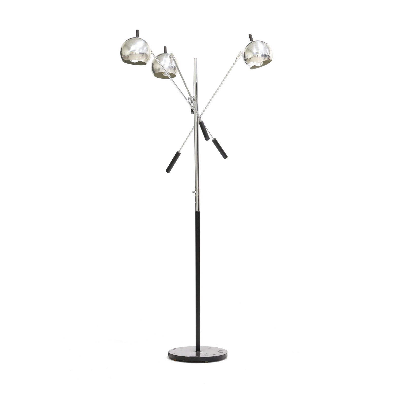 attributed Robert Sonneman, Orbiter Foor Lamp: attributed Robert Sonneman, Orbiter Foor Lampcirca 1960, three adjustable polished metal and chrome lights with ebony and black painted ends, chrome and black painted stand with weighted base, unmarke