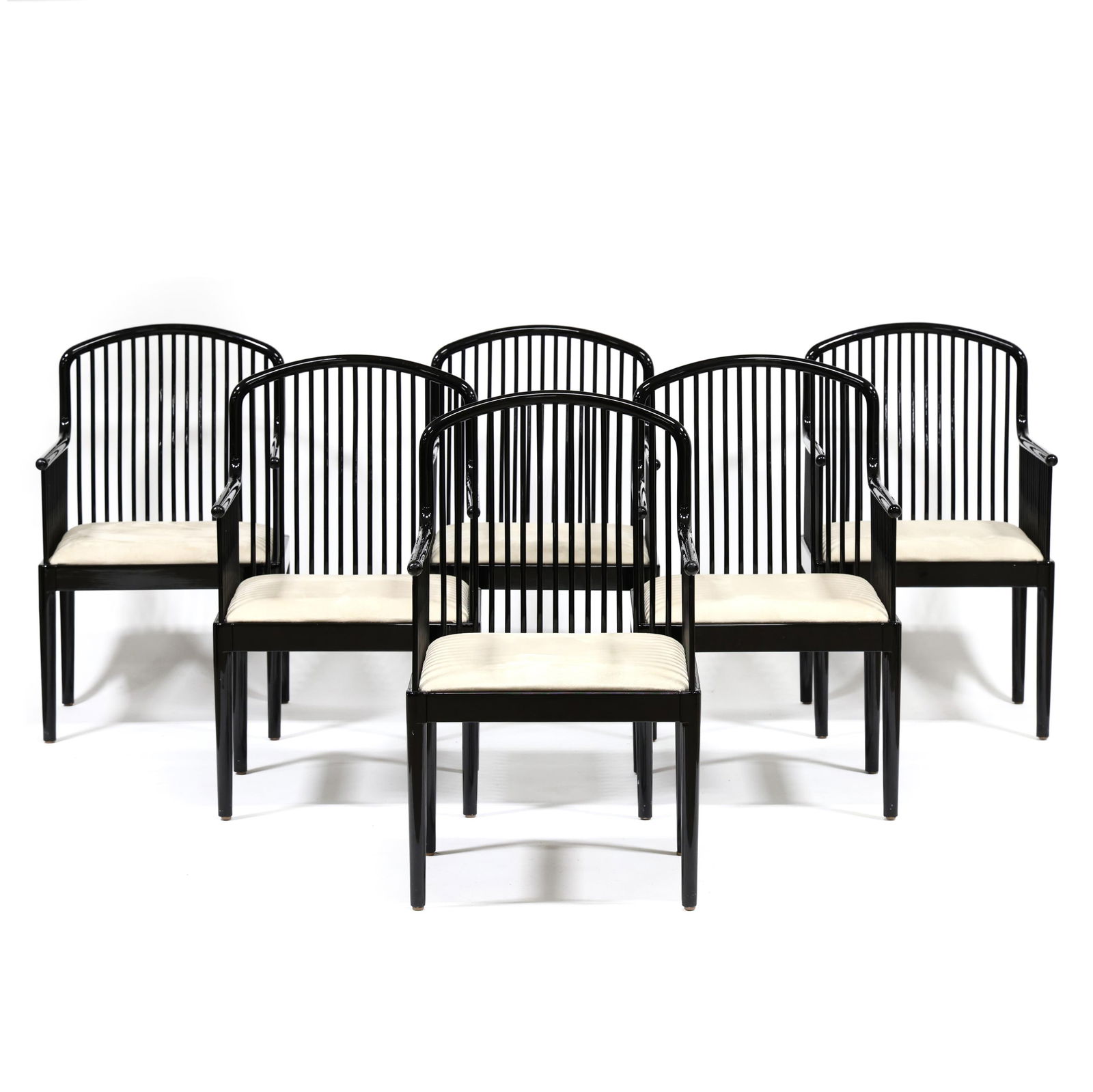 Davis Allen (American, 1916-1999), Six Andover Black Lacquer Armchairs: Davis Allen (American, 1916-1999), Six Andover Black Lacquer ArmchairsItaly, for Stendig, post 1980, high gloss black lacquered wood with upholstered plush chevron seats, straight turned legs, labeled