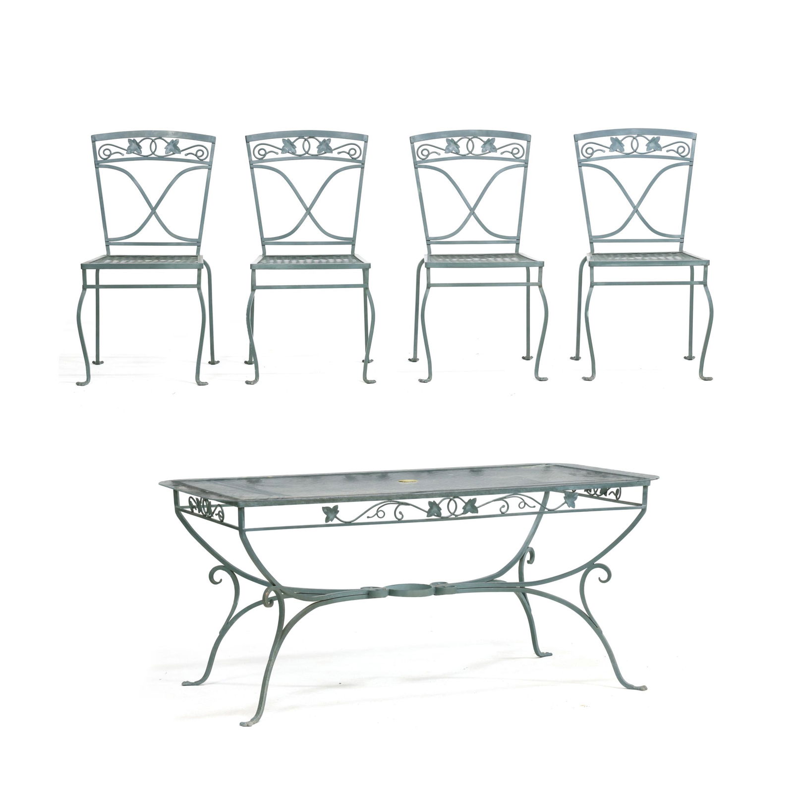 Vintage Iron and Glass Ivy Patio Table and Four Chairs: Vintage Iron and Glass Ivy Patio Table and Four Chairsmid-20th century, rectangular table with textured glass top (29.75 x 66 x 36 in.); and four side chairs (33.25 x 16 x 16 in.) all in green paint w