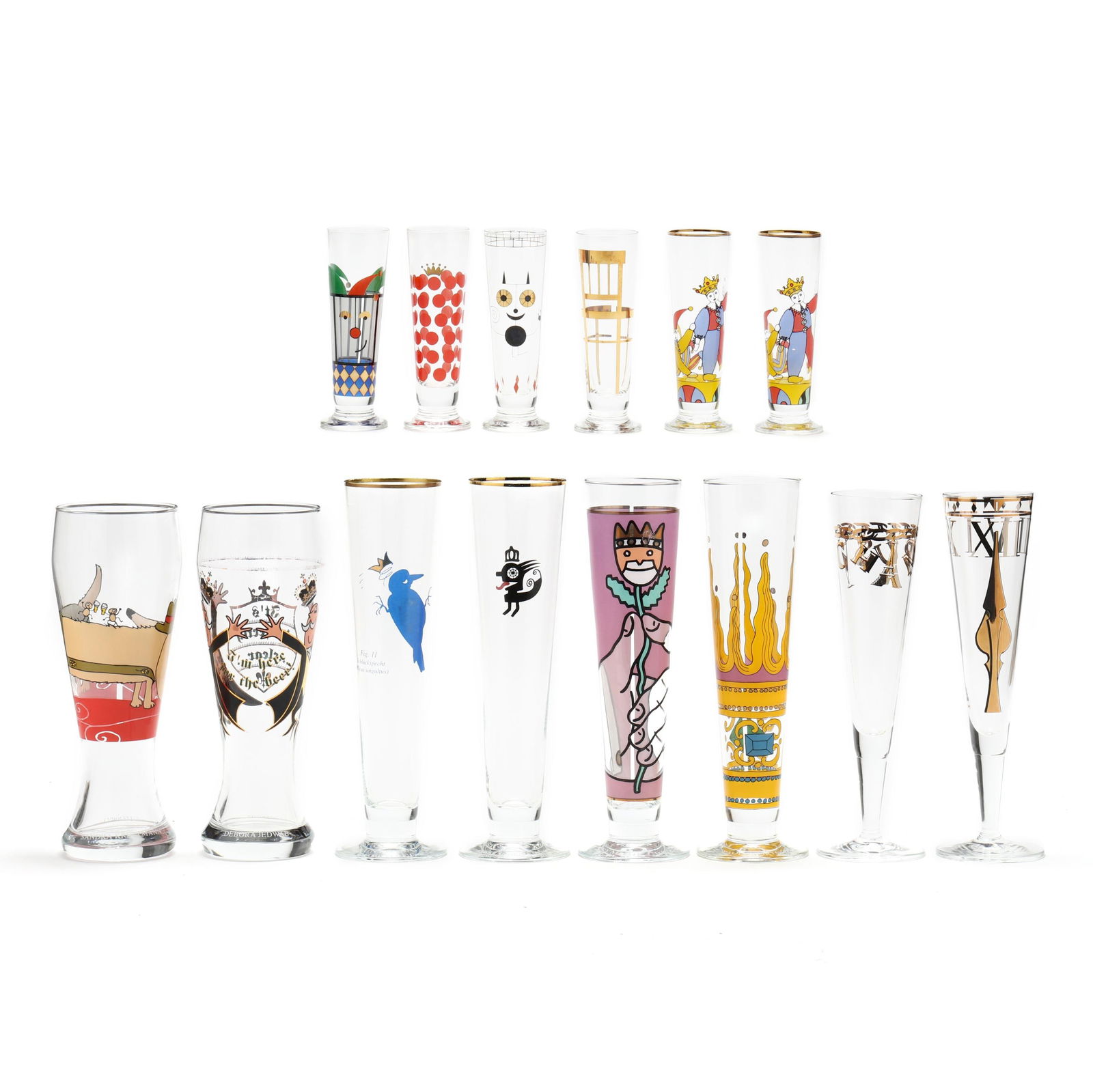 Assortment of Artisan Designed Barware, Ritzenhoff: Assortment of Artisan Designed Barware, Ritzenhoffcirca 1990s, (14) glasses, including designs by artisans: Debora Jedwab, Seymour Chwast, Kunstflug, Paolo Portoghesi, (2) Alessandro Guerriero, Sandra