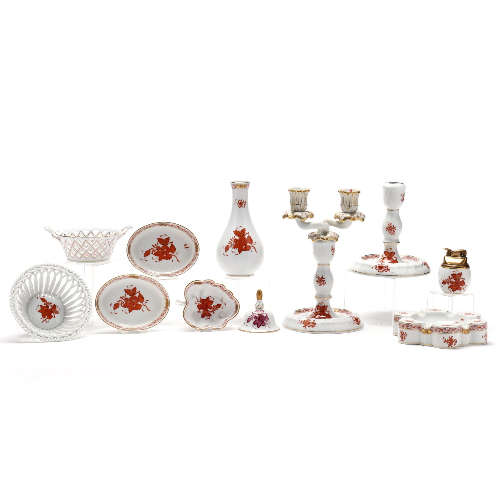 Group of Eleven Assorted Herend Chinese Bouquet Table Accessories: Group of Eleven Assorted Herend Chinese Bouquet Table AccessoriesHungary, hand-painted, to include: an ashtray #7700 (6 in.) and lighter #6043; a round open weave basket #7371 (2 x 5 1/8 in.) and a me