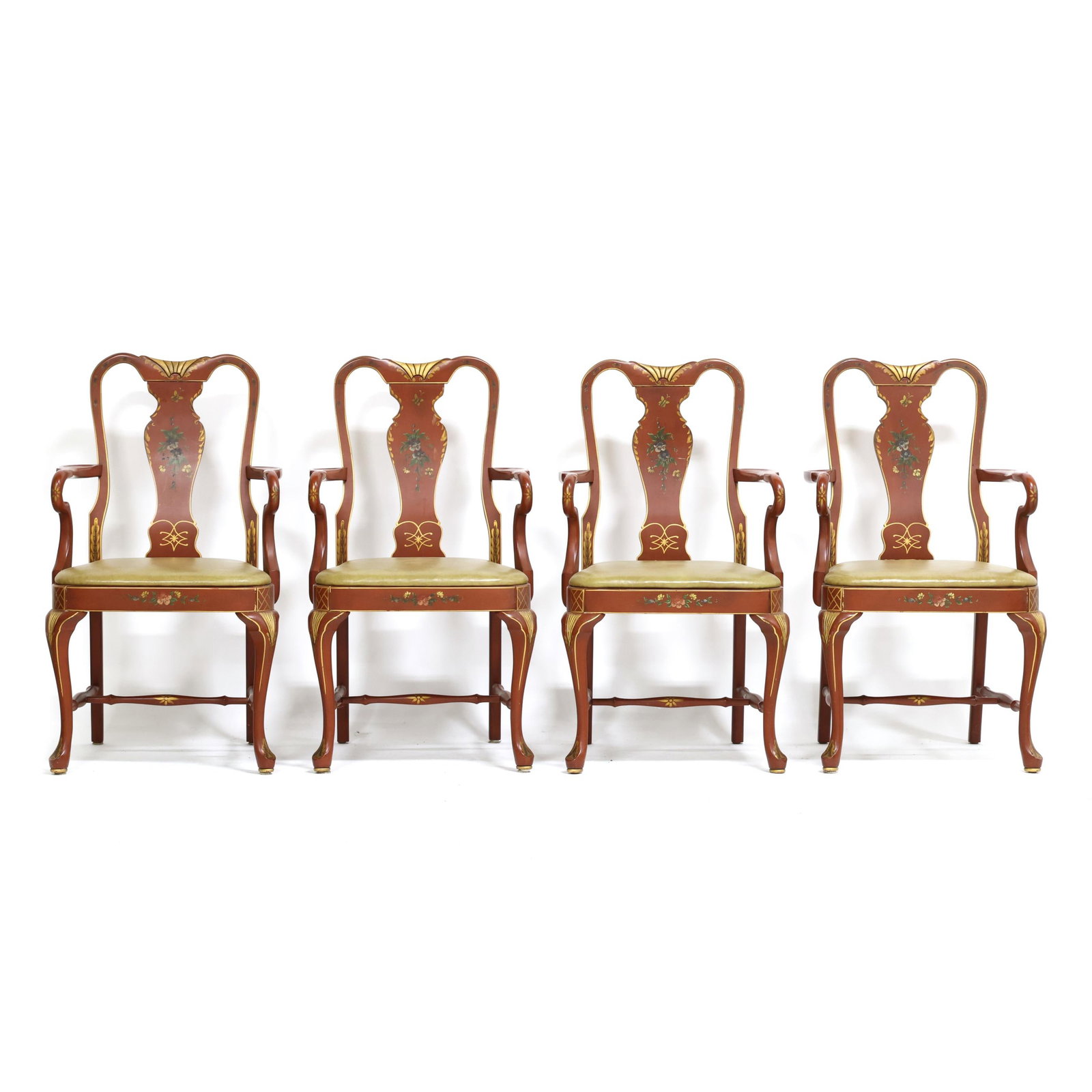 Grand Ledge Chair Co., Set of Four Chinoiserie Armchairs: Grand Ledge Chair Co., Set of Four Chinoiserie Armchairs mid 20th century, red field with floral sprays and gilt highlights, leather style upholstered shaped slip seats, labeled. 38.5 x 21 x 18 in., a