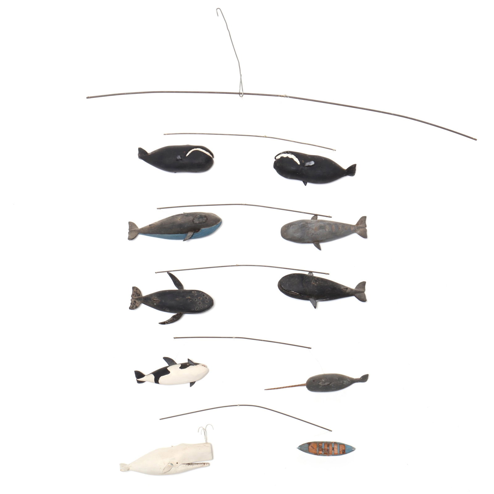 Attributed to Irving Briggs (American, 1925-2014), Folk Carved Mobile of Whales, Orca, and Narwhal: Attributed to Irving Briggs (American, 1925-2014), Folk Carved Mobile of Whales, Orca, and Narwhal New England, hand-carved, painted, and assembled wood pieces with steel rods and fishing line, featur