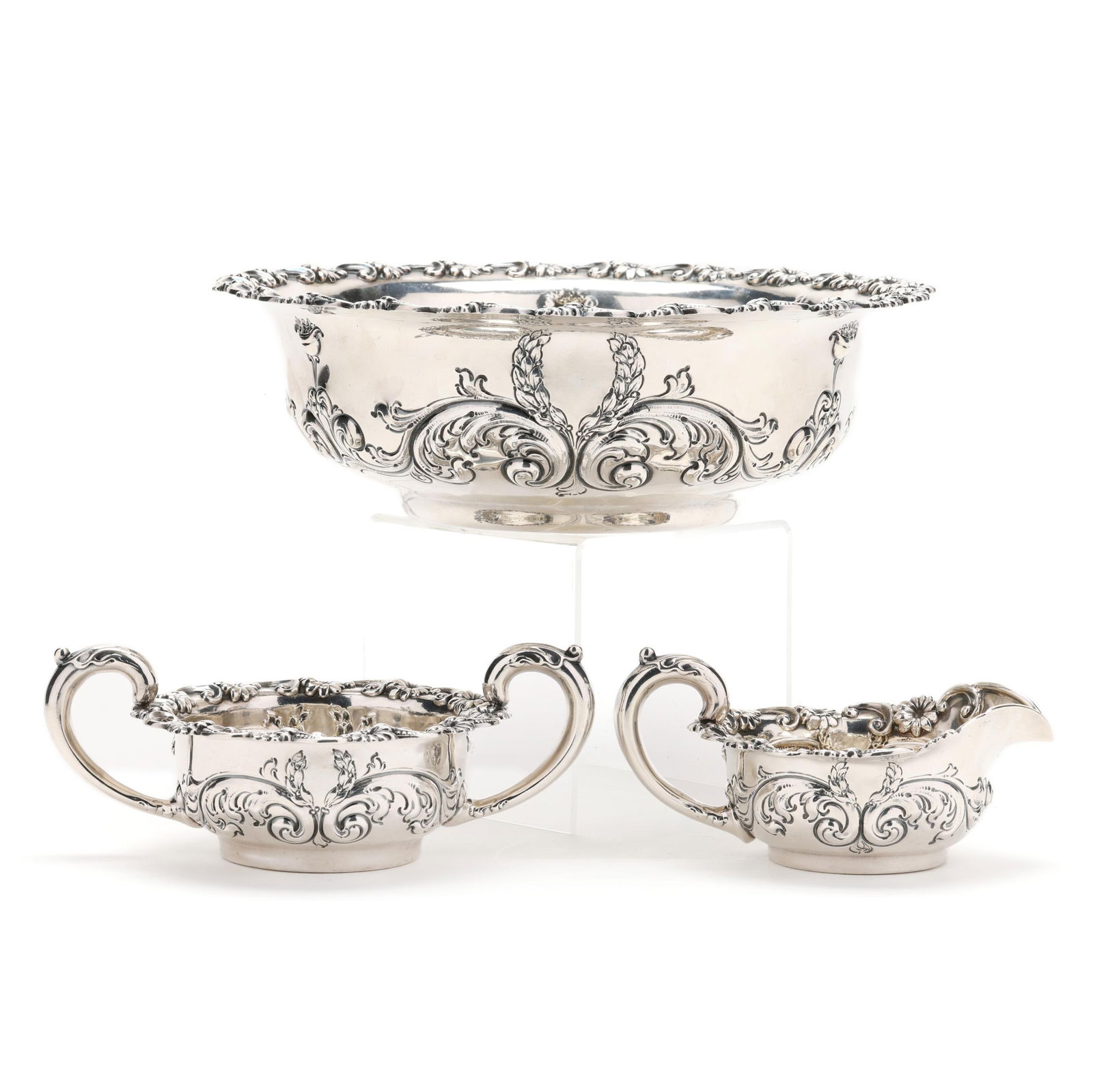 Sterling Silver Centerpiece Bowl, Creamer, and Sugar by Frank Smith: Sterling Silver Centerpiece Bowl, Creamer, and Sugar by Frank Smithpattern number 1427, all with retail mark of G. R. Calhoun & Co., Nashville; includes a centerpiece bowl (3 1/4 x 10 in. dia.), a cre