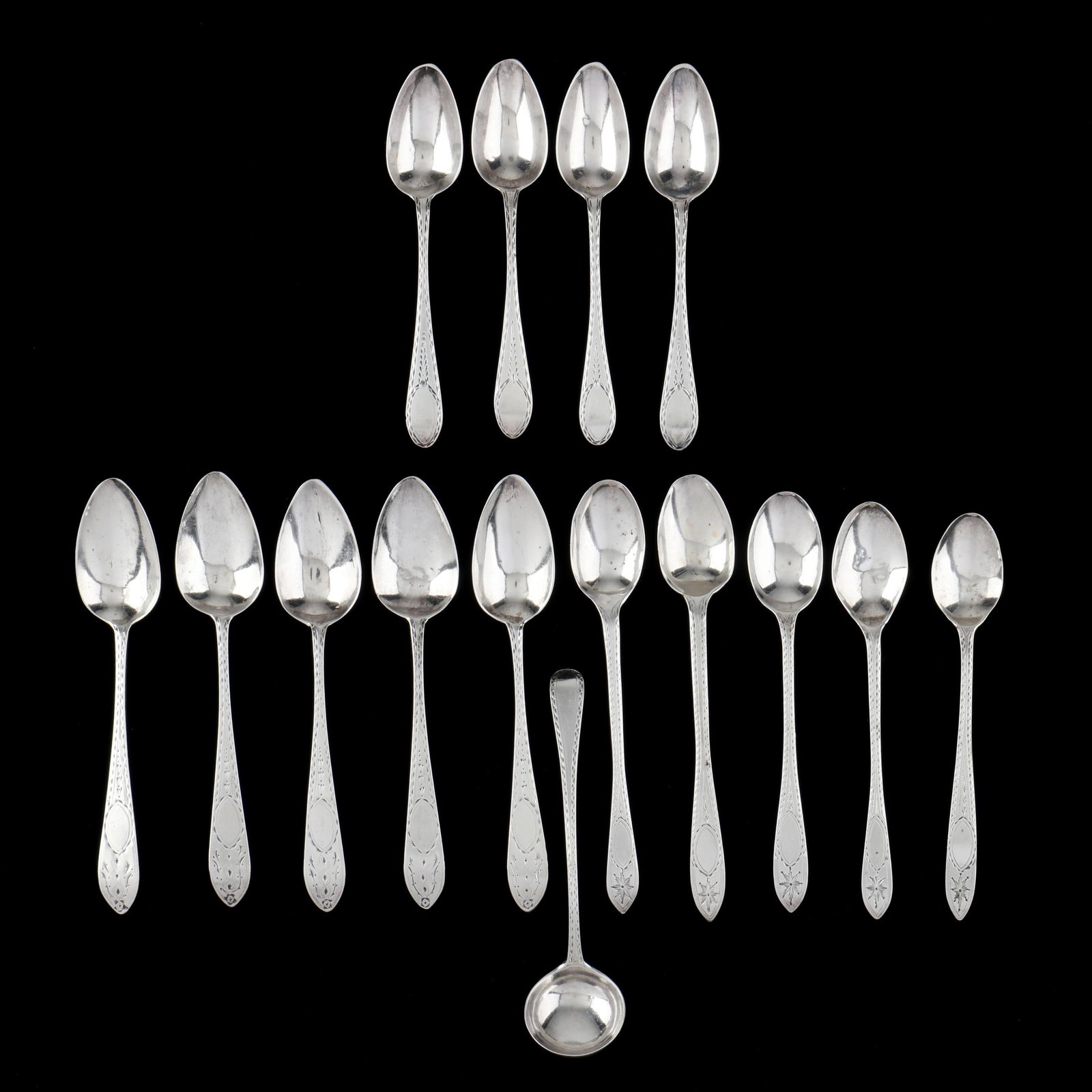 Collection of Georgian Irish and Irish Provincial Silver Teaspoons: Collection of Georgian Irish and Irish Provincial Silver Teaspoons includes (4) teaspoons and a cream ladle with provincial marks of Carden Terry, Cork; one with provincial mark of Carden Terry and Jo