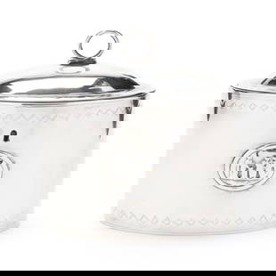 George III Silver Tea Caddy, Mark of Andrew Fogelberg & Stephen Gilbert: George III Silver Tea Caddy, Mark of Andrew Fogelberg & Stephen GilbertLondon (1783), of elliptical form with slightly domed hinged lid having ring pull, the obverse and reverse with a Neoclassical ov