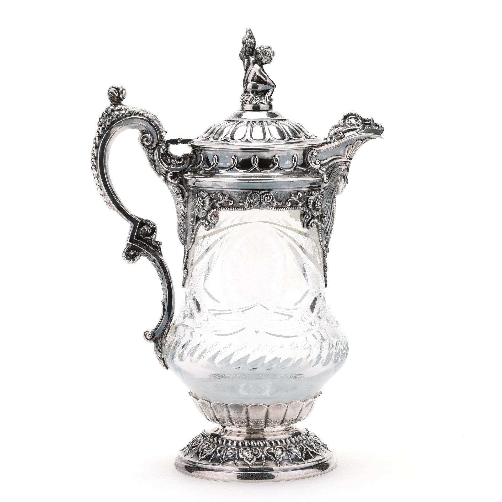 Elizabeth II Silver Mounted Crystal Claret Jug: Elizabeth II Silver Mounted Crystal Claret Jug with import marks of London (1997), featuring a figural finial holding grapes, over a stylized upper mount with figural mask spout, rosettes, and classic