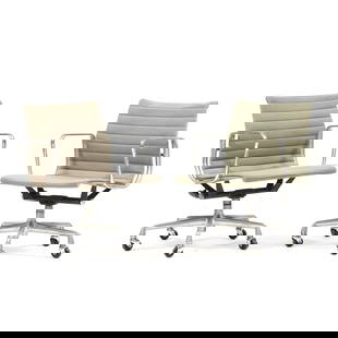 Charles and Ray Eames, Pair of Aluminum Group Office Chairs: Charles and Ray Eames, Pair of Aluminum Group Office Chairs1990, Herman Miller, grey fabric upholstery, aluminum frame with swivel seat, on casters, labeled. 31 x 23 x 20 in. Additional high-resoluti