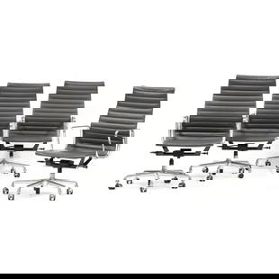 Charles and Ray Eames, Four Aluminum Group High-Back Desk Chairs: Charles and Ray Eames, Four Aluminum Group High-Back Desk Chairs2015, Herman Miller, polished aluminum frames, stitched grey leather upholstery, adjustable height and tension for back positions, swive