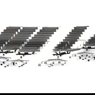 Charles and Ray Eames, Four Aluminum Group High-Back Desk Chairs: Charles and Ray Eames, Four Aluminum Group High-Back Desk Chairs2015, Herman Miller, polished aluminum frames, stitched grey leather upholstery, adjustable height and tension for back positions, swive