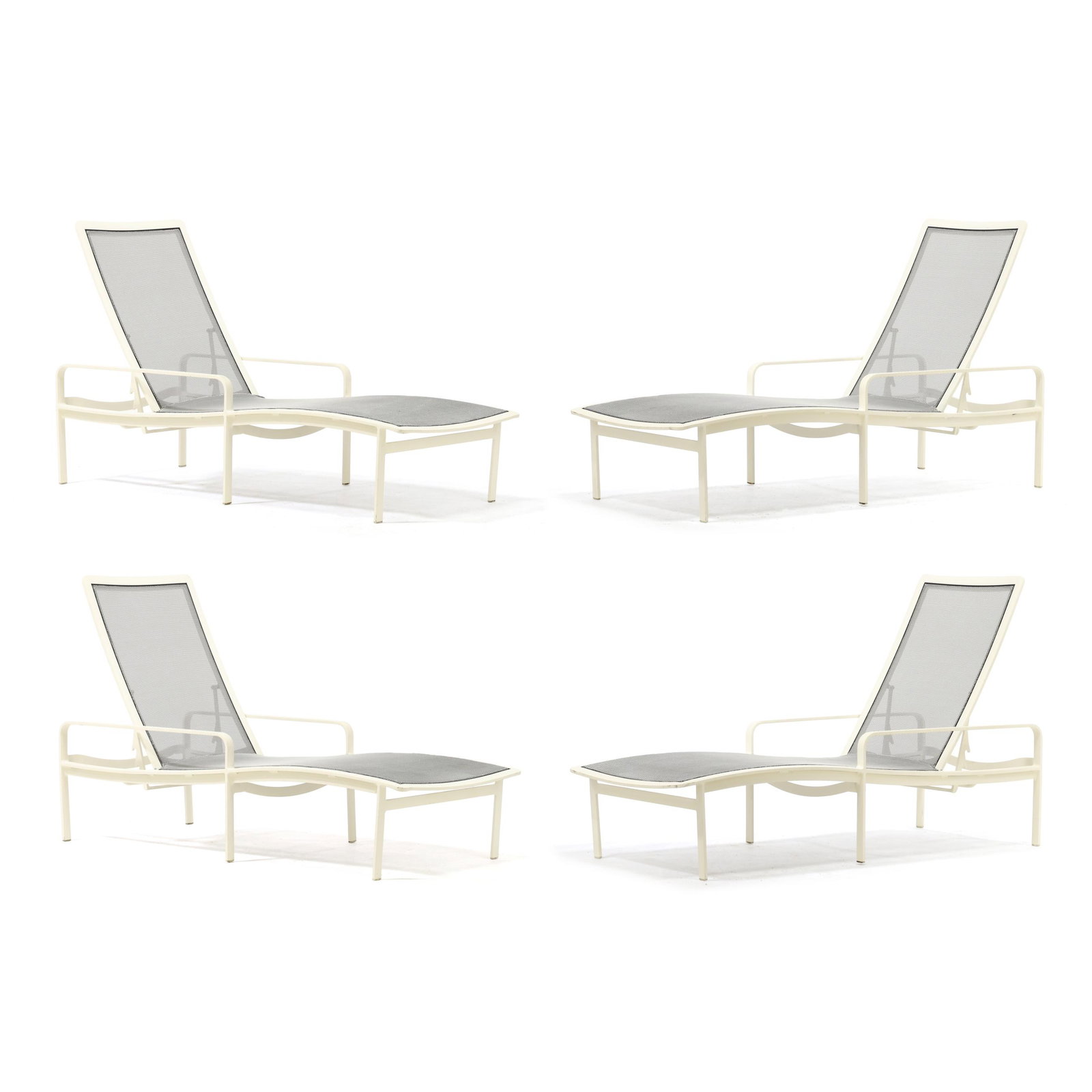 Richard Frinier for Brown Jordan, Four Chaise Lounge Chairs: Richard Frinier for Brown Jordan, Four Chaise Lounge Chairscontemporary, white powder coated aluminum frames, black and white mesh seat with adjustable back, some with foil labels. 42 x 30 x 67 in. A