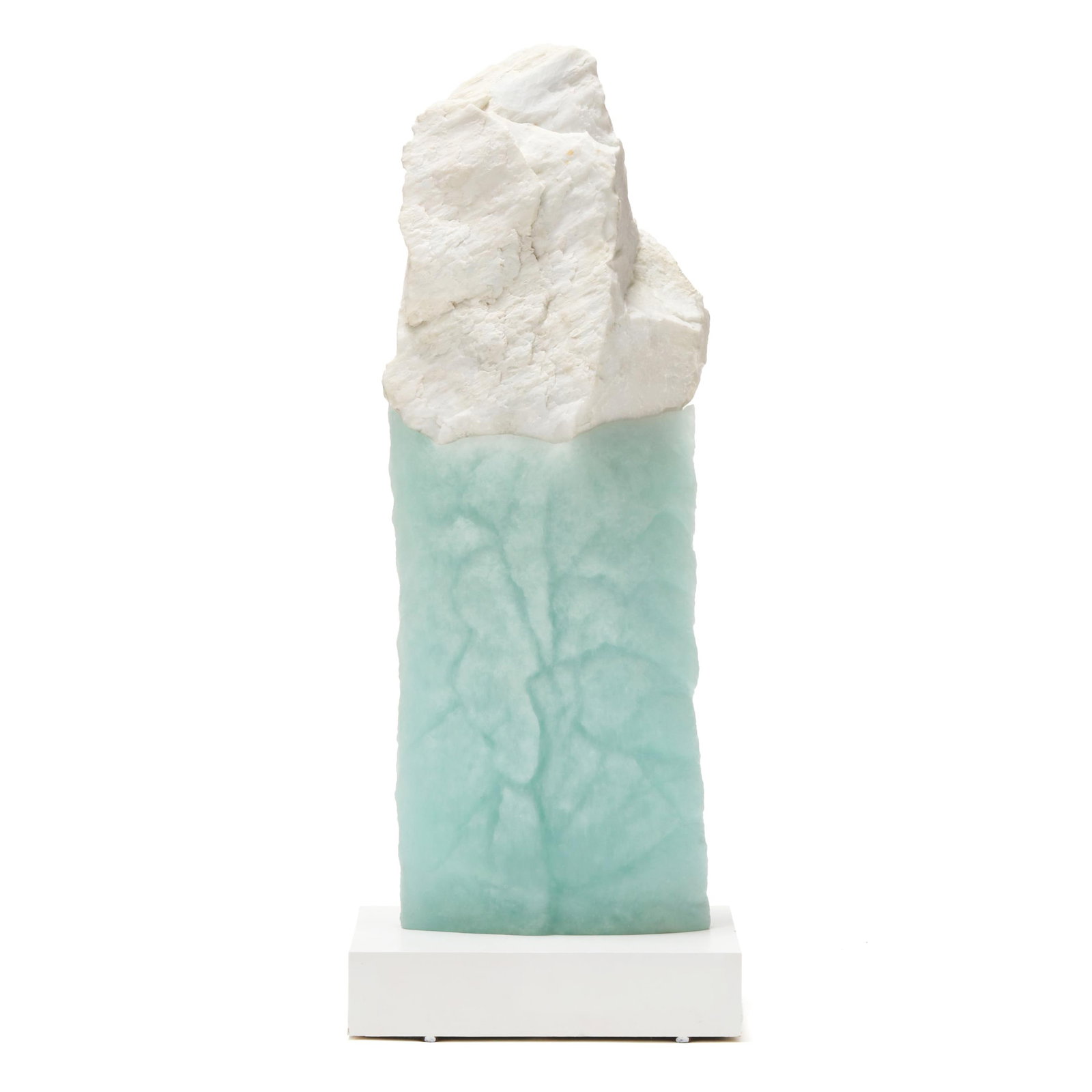 Thomas Scoon (American, b. 1961), Cast Glass and Granite Sculpture: Thomas Scoon (American, b. 1961), Cast Glass and Granite Sculpturecast glass and white granite, unsigned, two-part form mounted atop a white wooden pedestal base. Sculpture 36 x 12 x 6 in.; base 3 1/2