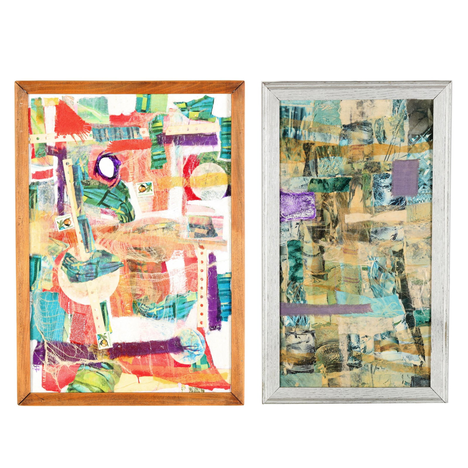 Lynn Moody Igoe (American, 1937-2006), Two Framed Mixed Media Collages: Lynn Moody Igoe (American, 1937-2006), Two Framed Mixed Media Collagesincludes Baccarat, a collage of paper and fabric, retaining labels to verso (frame dimensions 17 1/2 x 10 5/8 in.); and Suzanne's