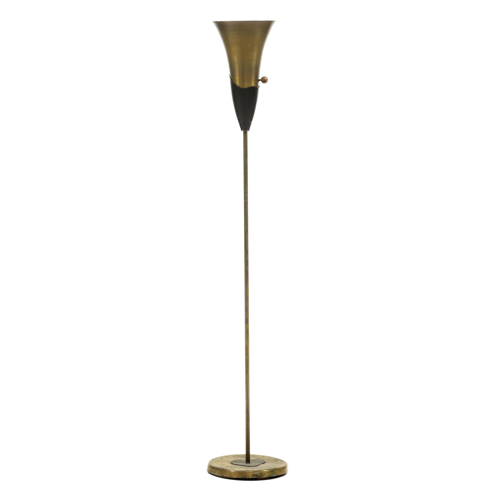 attributed Russel Wright (American, 1904-1976), Vintage Brass Torchiere Floor Lamp: attributed Russel Wright (American, 1904-1976), Vintage Brass Torchiere Floor Lampcirca 1950, brass and black painted metal with wavy design applied plates to the shade and base, wood switch knob, unm