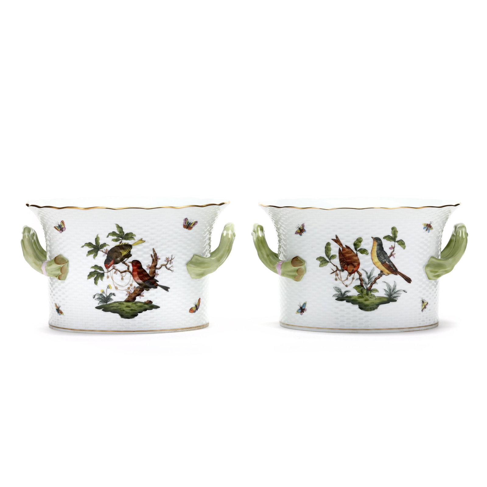 A Pair of Herend Rothschild Bird Cachepots: A Pair of Herend Rothschild Bird CachepotsHungary, hand-painted, to include (2) forms, both with a basket-weave body below a gilt scalloped rim, branch handles, and bird and insect decoration, #7239;