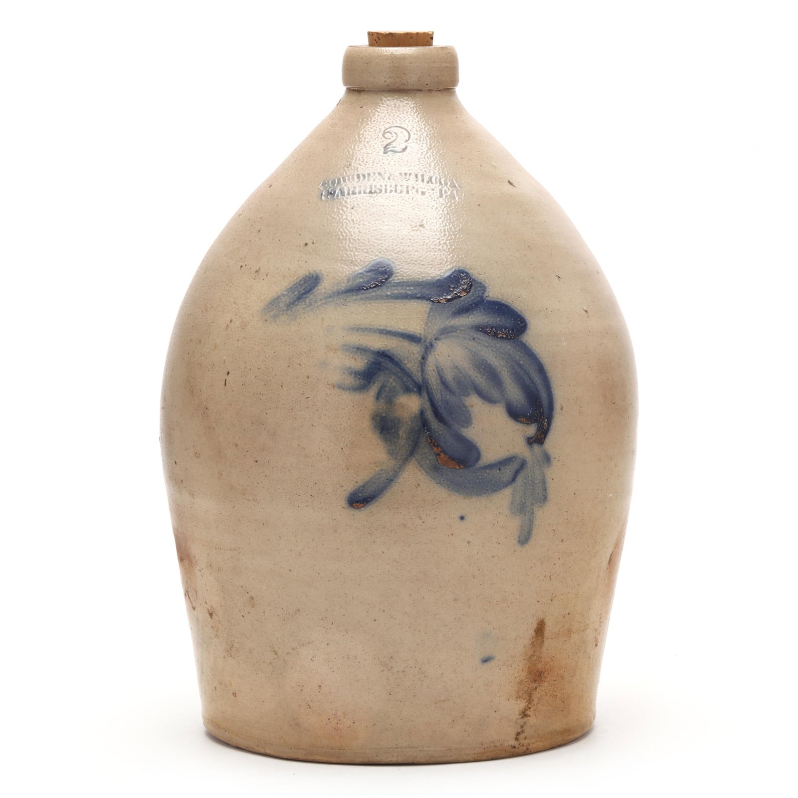 Cowden & Wilcox Cobalt Decorated Two Gallon Jug: Cowden & Wilcox Cobalt Decorated Two Gallon Jug circa 1870, semi-ovoid form, the upper shoulder with capacity and maker's stamp "2 / COWDEN & WILCOX / HARRISBURG. PA", cobalt decoration on the handle,
