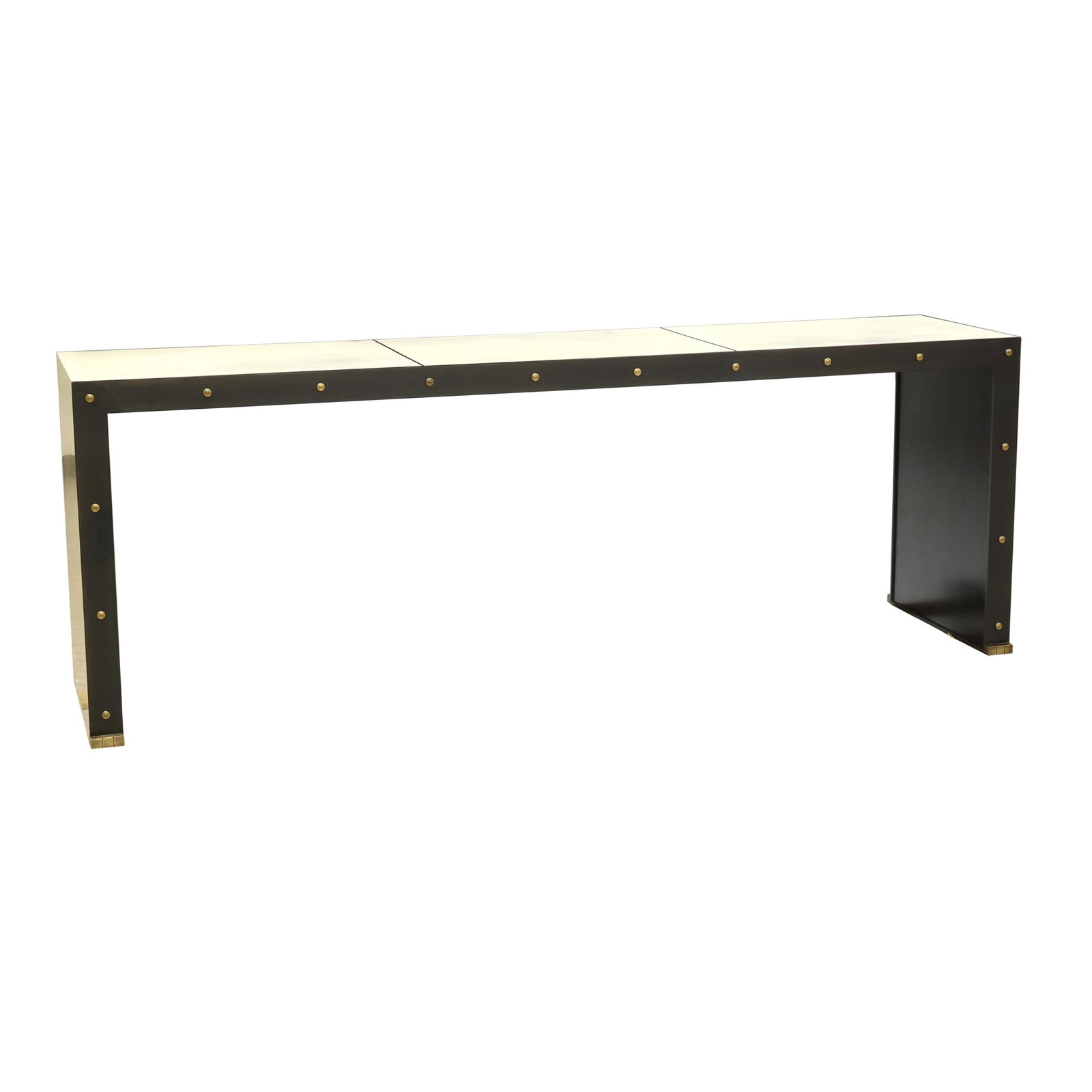 Aldo Tura Style Parchment Console Table: Aldo Tura Style Parchment Console TableContemporary, lacquered parchment panels, patinated metal and brass with ebonized mahogany interior, unmarked, finished on all sides. 34 x 96 x 22 1/2 in. Privat