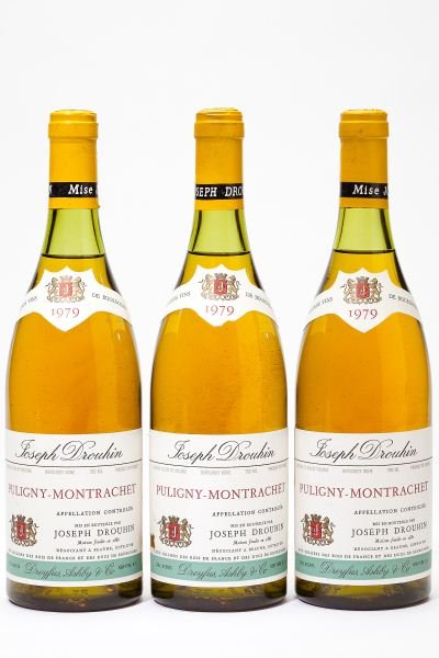 1979 Puligny Montrachet, Joseph Drouhin: Puligny Montrachet 1979 3 bottles Joseph Drouhin 3-2.5cm Removed from a large subterranean wine cellar of an avid Buffalo, New York wine collector and wine educator.