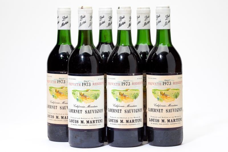 1973 Louis Martini, Private Reserve: Louis Martini 1973 6 bottles Private Reserve, Cabernet Sauvignon 1bn, 1ts, 4hs, 6lbsl Removed from a large subterranean wine cellar of an avid Buffalo, New York wine collector and wine educator.