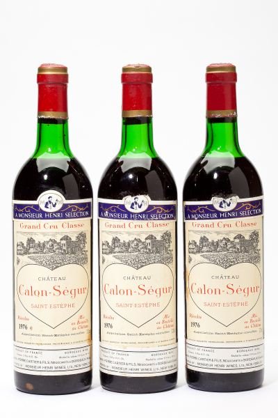 1976 Chateau Calon-Segur: Chateau Calon-Segur 1976 3 bottles St. Estephe 3hs, 3lbsl, 2ssos Removed from a large subterranean wine cellar of an avid Buffalo, New York wine collector and wine educator.