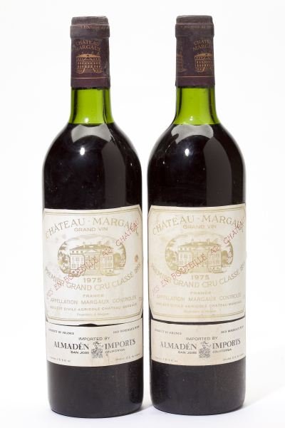 1975 Chateau Margaux: Chateau Margaux 1975 2 bottles Margaux 1ts, 1hs, 2lbsl Removed from a large subterranean wine cellar of an avid Buffalo, New York wine collector and wine educator.