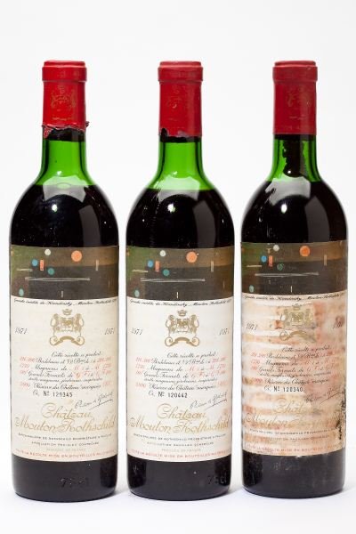 1971 Chateau Mouton Rothschild: Chateau Mouton Rothschild 1971 3 bottles Pauillac 1ts, 2hs, 2lbsl, 1bsl, 1ssos Removed from a large subterranean wine cellar of an avid Buffalo, New York wine collector and wine educator.