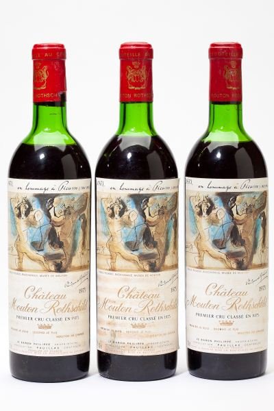 1973 Chateau Mouton Rothschild: Chateau Mouton Rothschild Picasso Label 1973 3 bottles Pauillac 1hs, 2htms, 3lbsl Removed from a large subterranean wine cellar of an avid Buffalo, New York wine collector and wine educator.