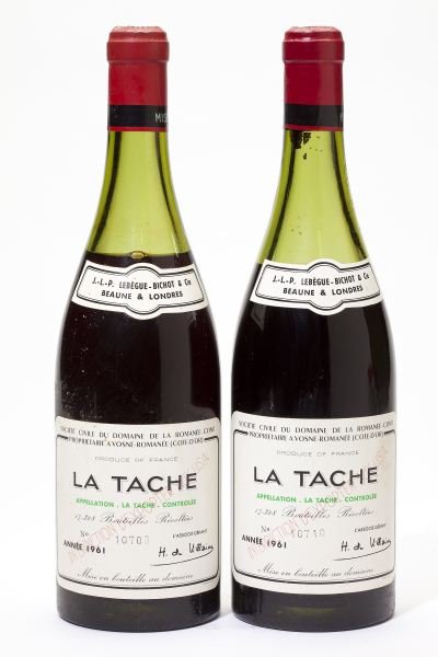 1961 La Tache, Domaine de la Romanee Conti: La Tache 1961 2 bottles Domaine de la Romanee Conti 1-6cm, 1-7cm, 1lbsl