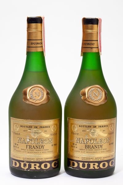 NV Brandy: Brandy NV 2 bottles Napoleon VSOP, Duroc Removed from a large subterranean wine cellar of an avid Buffalo, New York wine collector and wine educator.