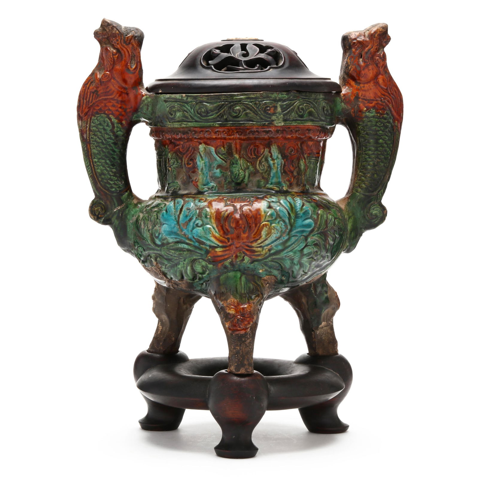 A Chinese Fahua Glazed Pottery Censer with Carved Wood Cover (1 of 6)