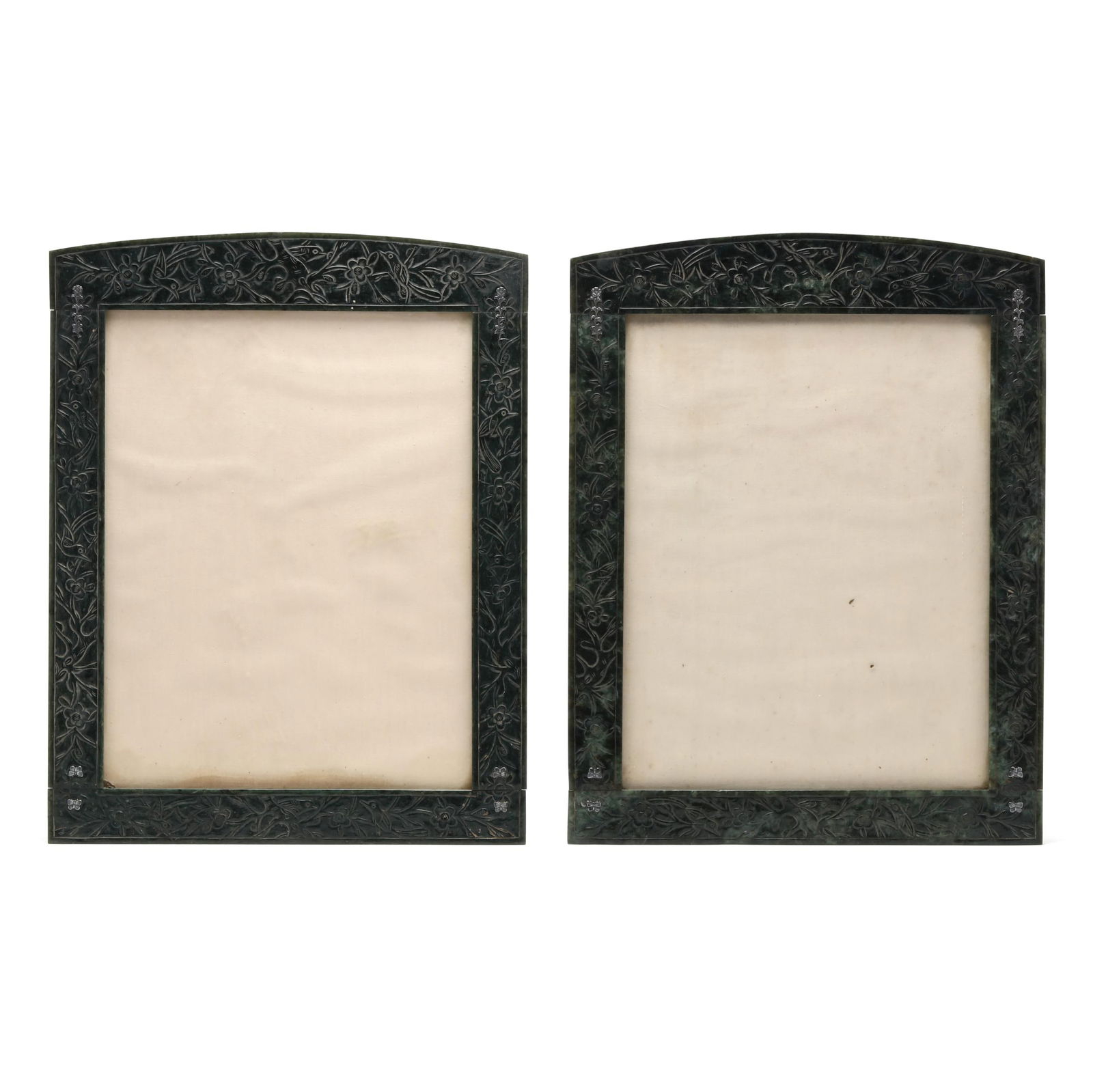 A Pair of Large Japanese Carved Spinach Jade Frames with Silver by Yamanaka (1 of 7)