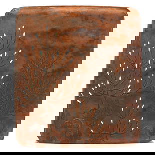 A Japanese Lacquer Suzuribako Writing Box with Pine Trees: A Japanese Lacquer Suzuribako Writing Box with Pine TreesEdo period (1615-1868), 18th century, a gold lacquer suzuribako (writing box) decorated in relief with large pine trees inlaid with mother-of-p