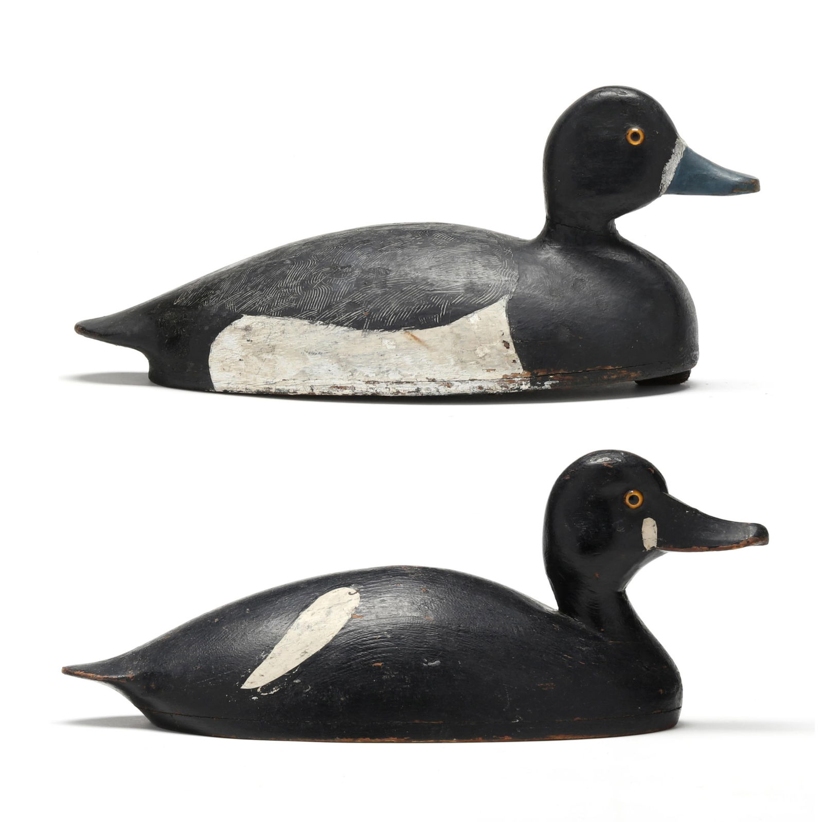 George Hayes (ONT.), Pair of Bluebills: George Hayes (ONT.), Pair of BluebillsGrimsby, Ontario, circa 1930, carved and painted wood, hollow bodies, glass eyes. Longest length 13.5 in. Additional high-resolution photos are available at www.