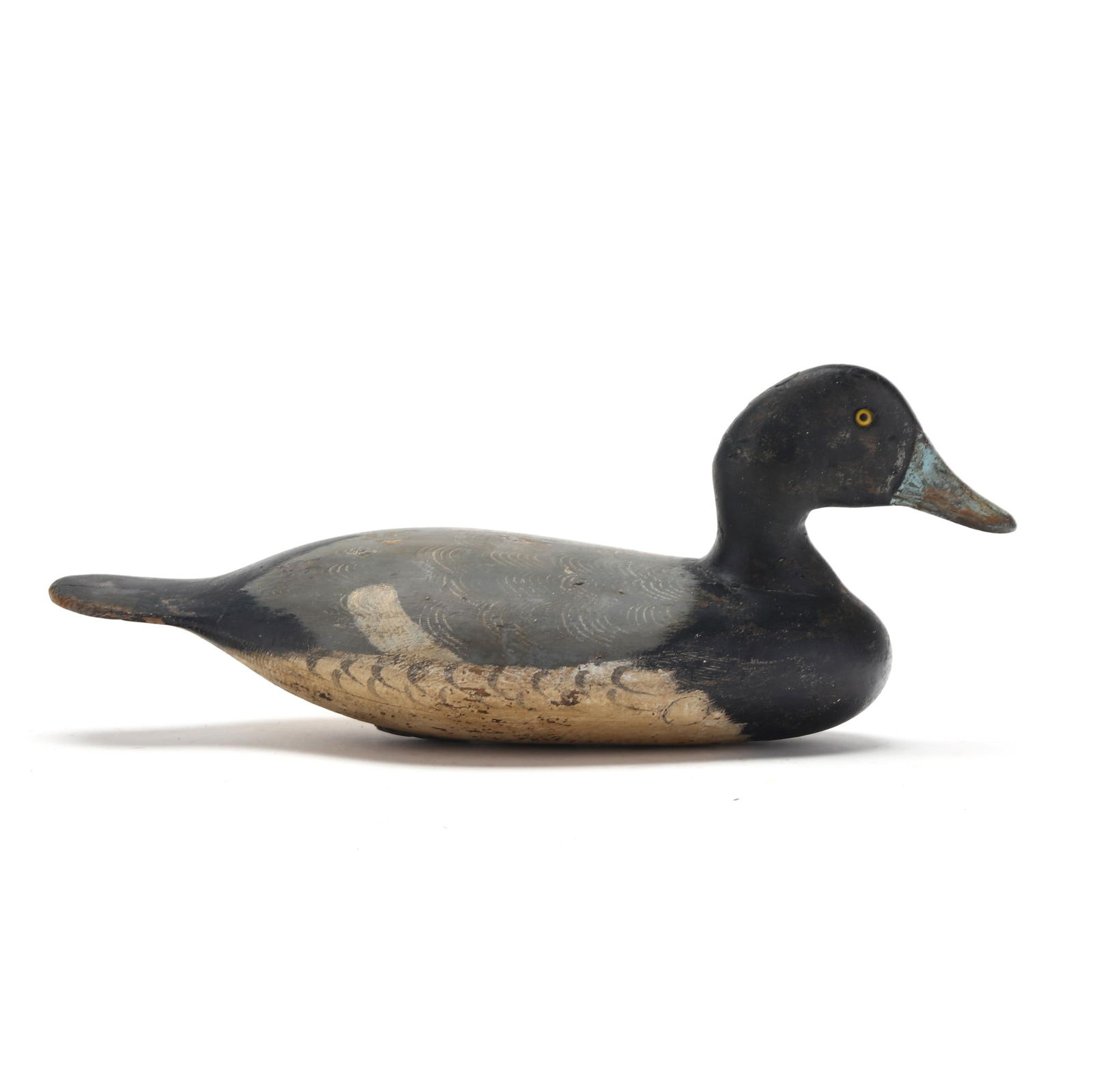 Stevens Factory, (NY), Bluebill: Stevens Factory, (NY), BluebillWeedsport, New York, circa 1890s, carved and painted wood, mandible and nostril carvings, glass eyes, branded WW on the bottom. Length 15.25 in. The Stevens Decoy Factor