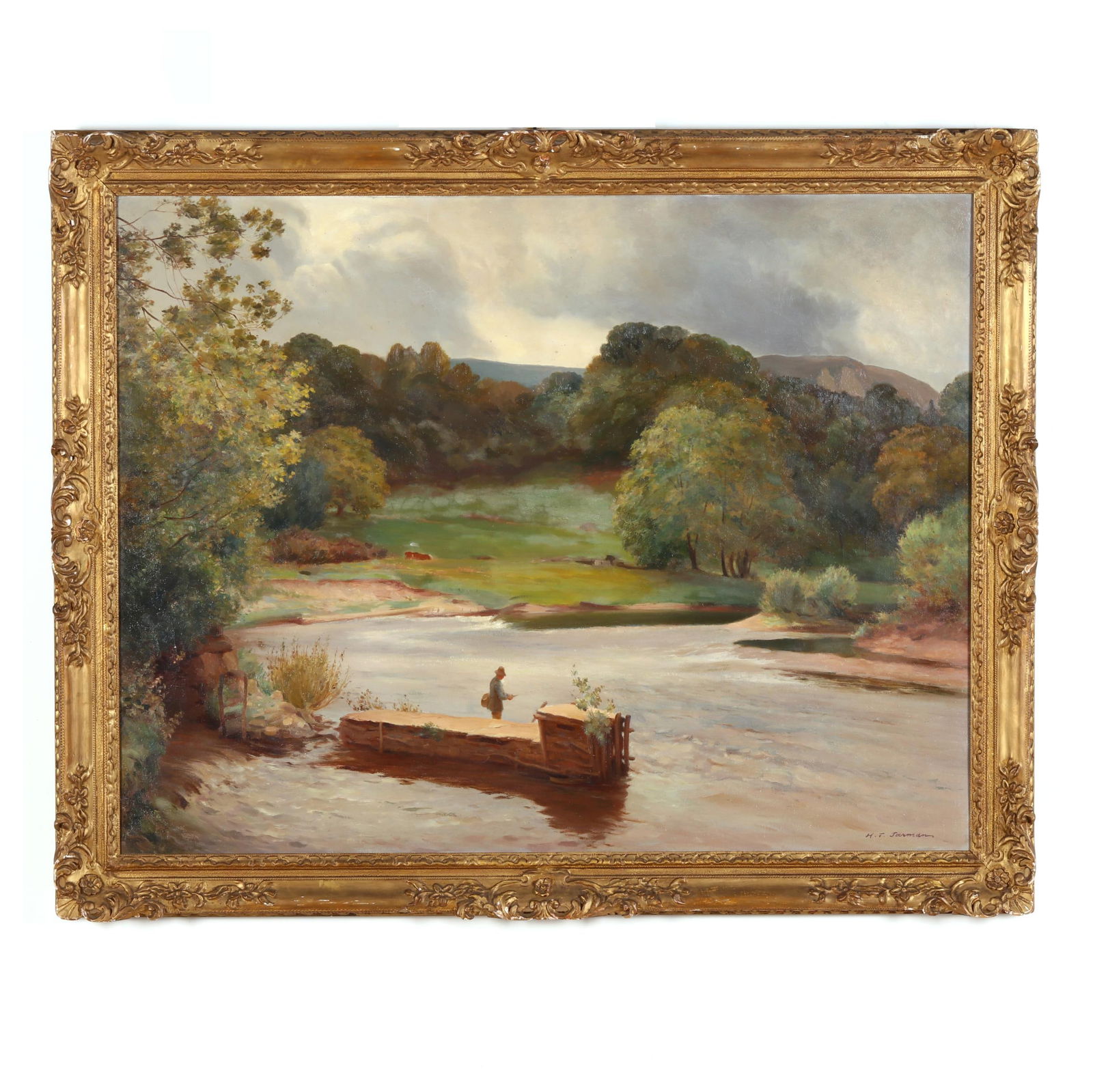 Henry Thomas Jarman (British, 1871-1956), Fly Fishing at Aberclydach: Henry Thomas Jarman (British, 1871-1956), Fly Fishing at Aberclydachoil on canvas, signed at lower right, retaining a hand-written label to verso reading "Henry Thomas Jarman / "Rose Cottage" / Longto