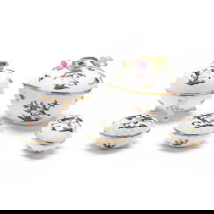 Set of Five Herend Rothschild Bird Covered Porcelain Boxes: Set of Five Herend Rothschild Bird Covered Porcelain BoxesHungary, (5) pieces to include (1) #6053 egg box with lid (3 in.); (2) #6037 ring boxes with lids (2 3/4 in.); (1) #6182-0-09 candy box with l