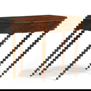 Sheraton Cherry and Mahogany Card Table: Sheraton Cherry and Mahogany Card Tablecirca 1820, white pine and walnut secondary, shaped hinged top, rear fifth-leg gate-leg support, conforming mahogany veneered skirt, turned and reeded tapered le