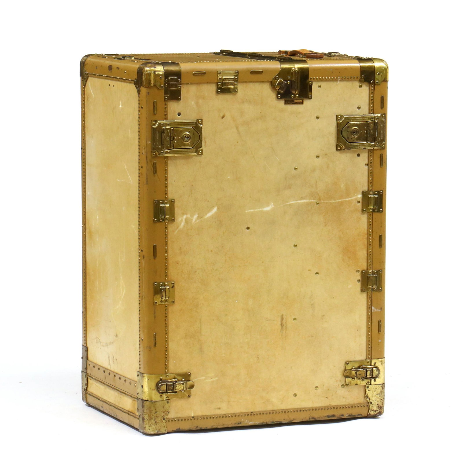 Hartmann "Pathfinder" Turntable Garments Trunk: Hartmann "Pathfinder" Turntable Garments TrunkPathfinder model, circa 1930s, rectangular cream colored case with leather handles and brass trim, underside with turntable for easy swiveling, retaining