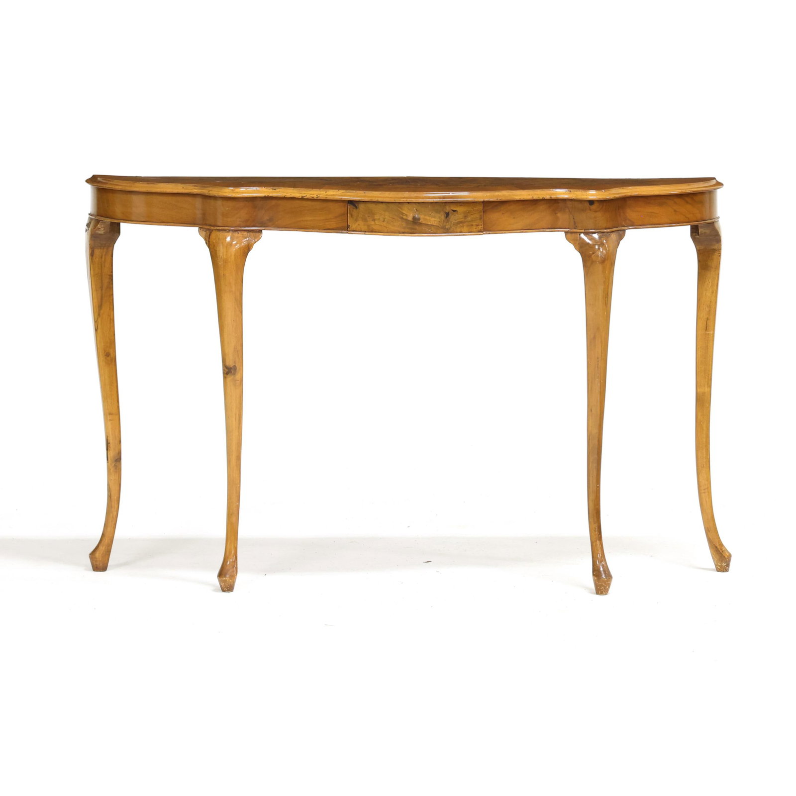 Italian Burl Wood Console Table: Italian Burl Wood Console Table20th century, walnut and burl wood veneers, mixed wood secondary, shaped top with banded edge, single drawer, tall cabriole legs. 29 x 47 x 12.5 in. Additional high-res