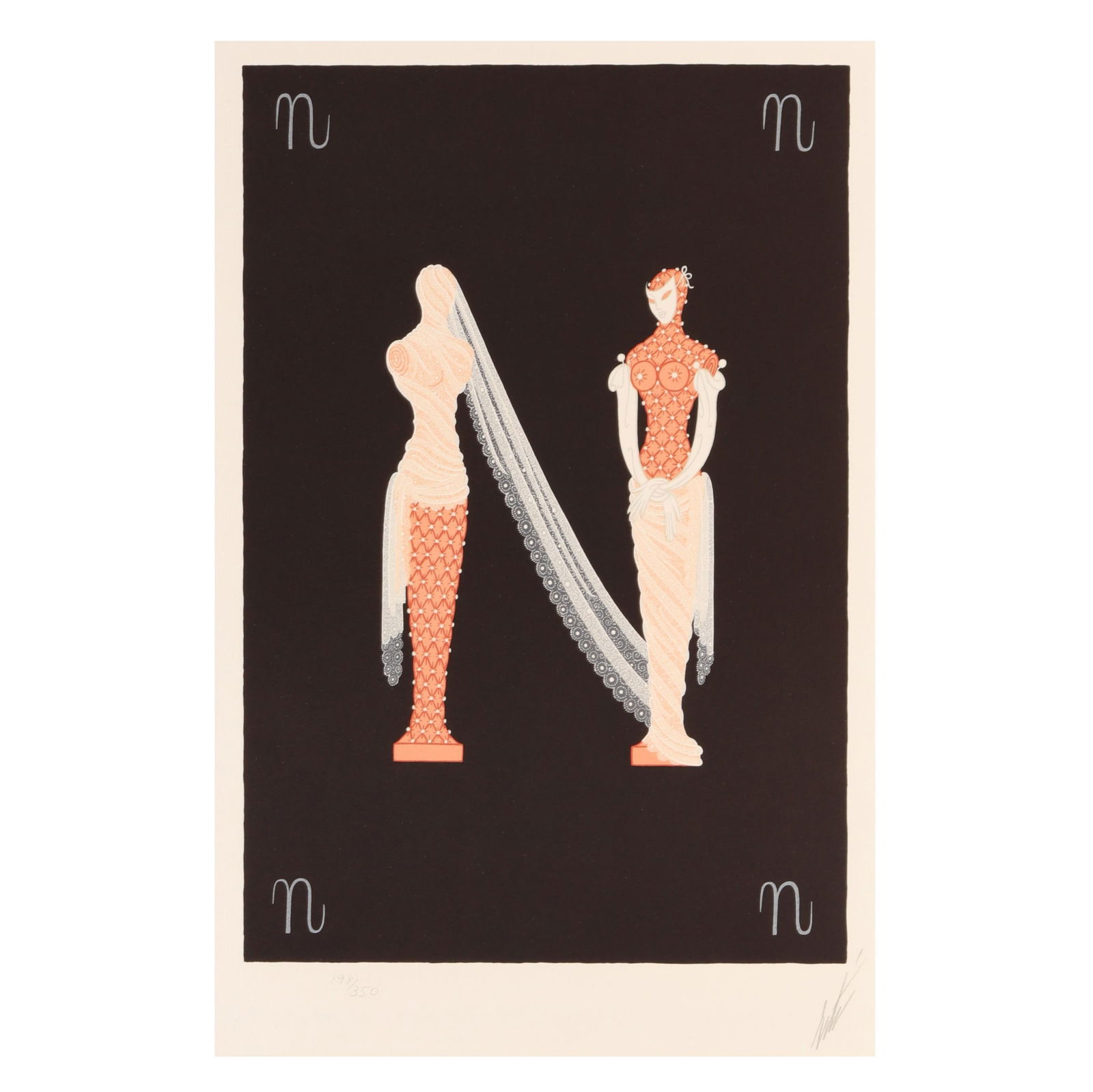 Erté (Romaine de Tirtoff) (Russian/French, 1892-1990), N from the Alphabet Series: Erté (Romaine de Tirtoff) (Russian/French, 1892-1990), N from the Alphabet Serieslithograph and serigraph in colors with metallic ink on Arches paper, 1976, from the American edition of 350, pencil s
