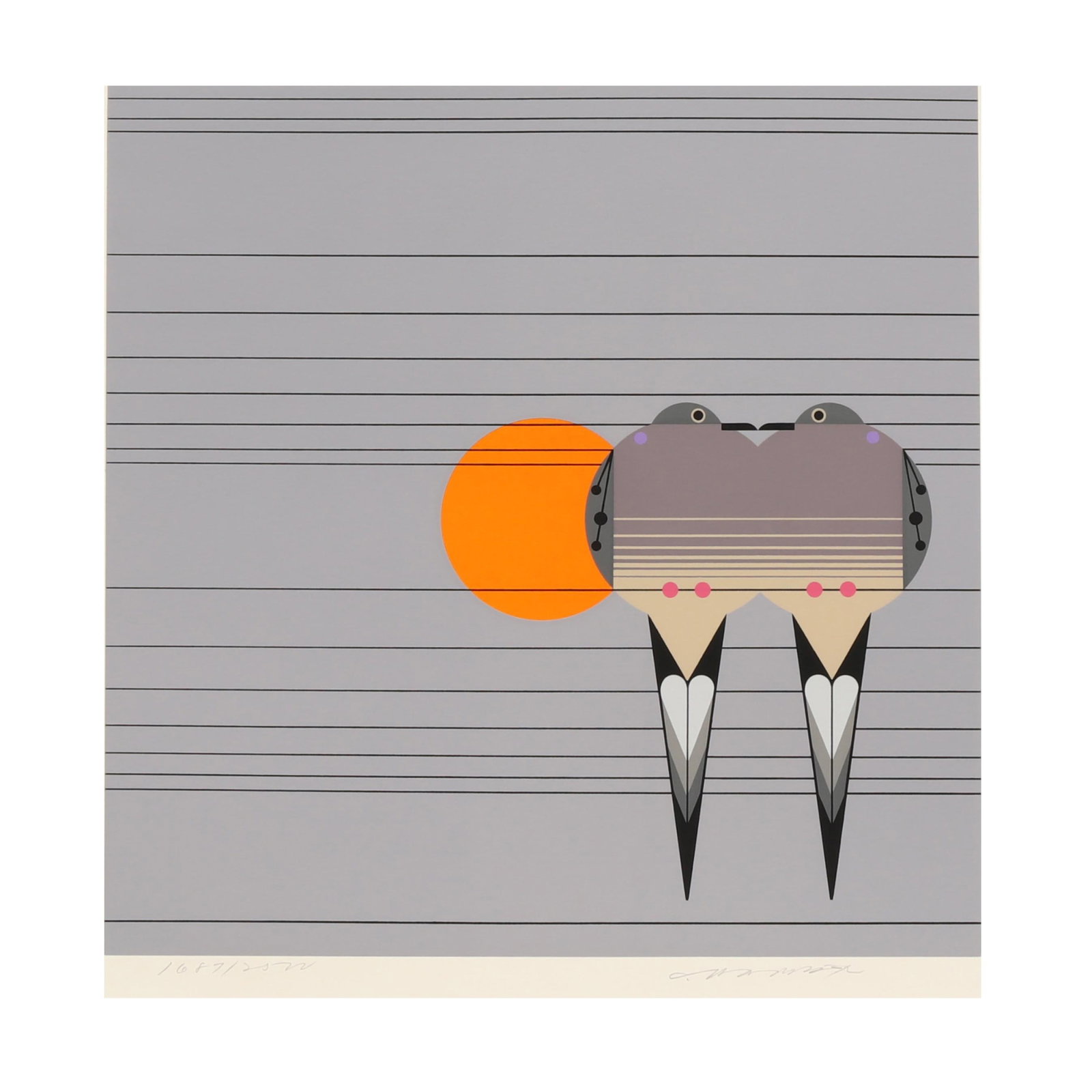 Charley Harper (American, 1922-2007), Lovey Dovey: Charley Harper (American, 1922-2007), Lovey Doveyserigraph in colors on paper, circa 1978, signed and numbered at lower margin, unframed, presented in the original Frame House Gallery bi-fold sleeve a