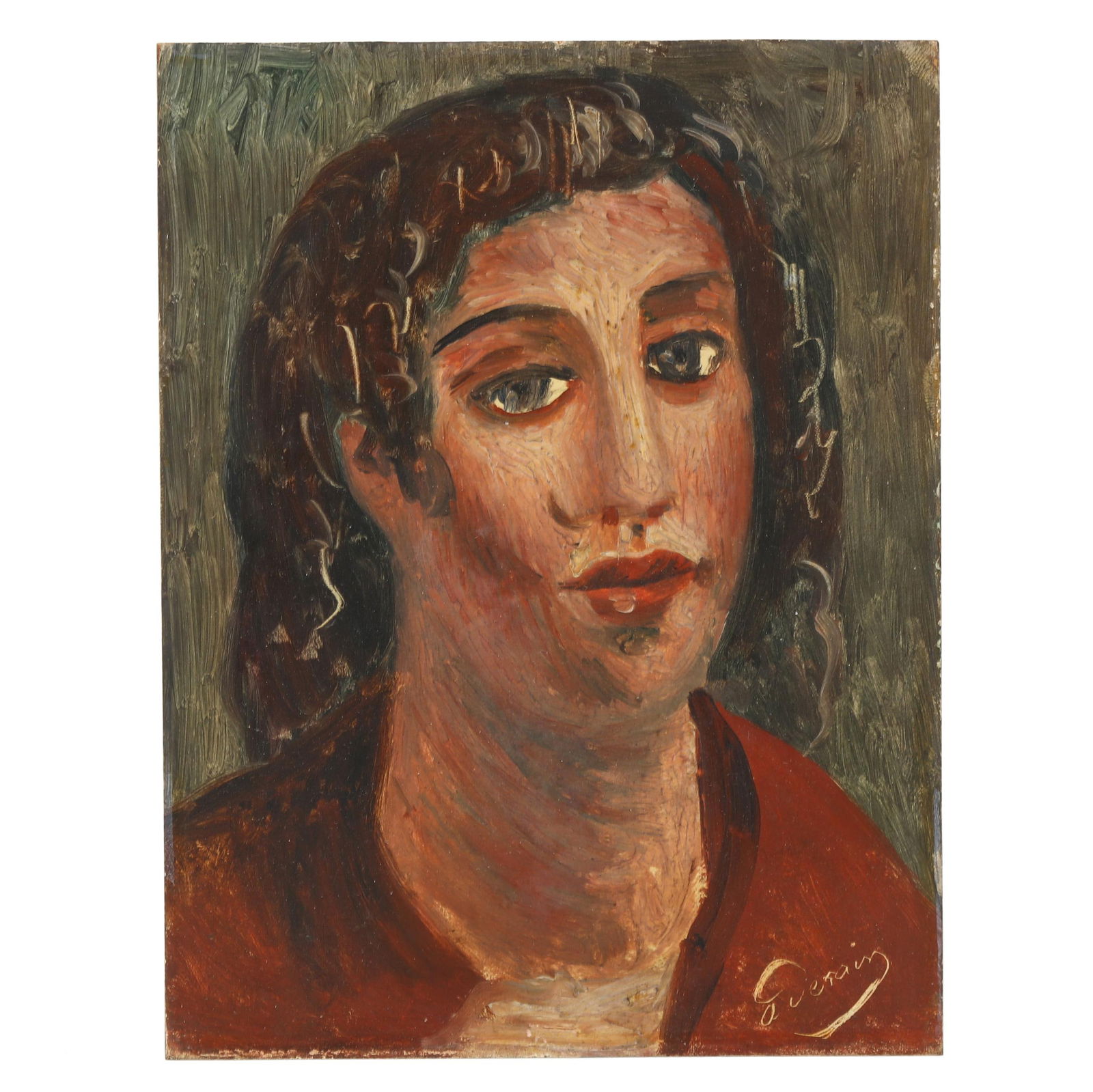 André Derain (French, 1880-1954), Tête de femme: André Derain (French, 1880-1954), Tête de femmeoil on panel, signed at lower right, presented in an 18th century Florentine frame. Panel 7 x 5 1/2 in.; Frame dimensions 16 3/4 x 14 in. André Derain