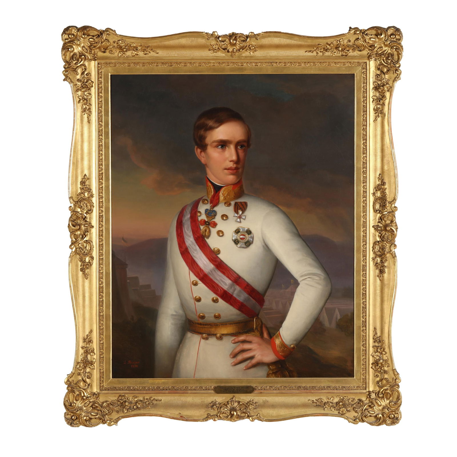 Joseph Binder (Austrian, 1805-1863), Portrait of Franz Joseph I, at Age Twenty: Joseph Binder (Austrian, 1805-1863), Portrait of Franz Joseph I, at Age Twentyoil on canvas, 1850, signed at lower left, depicting the Emperor of Austria at age 20, retaining period labels to the vers