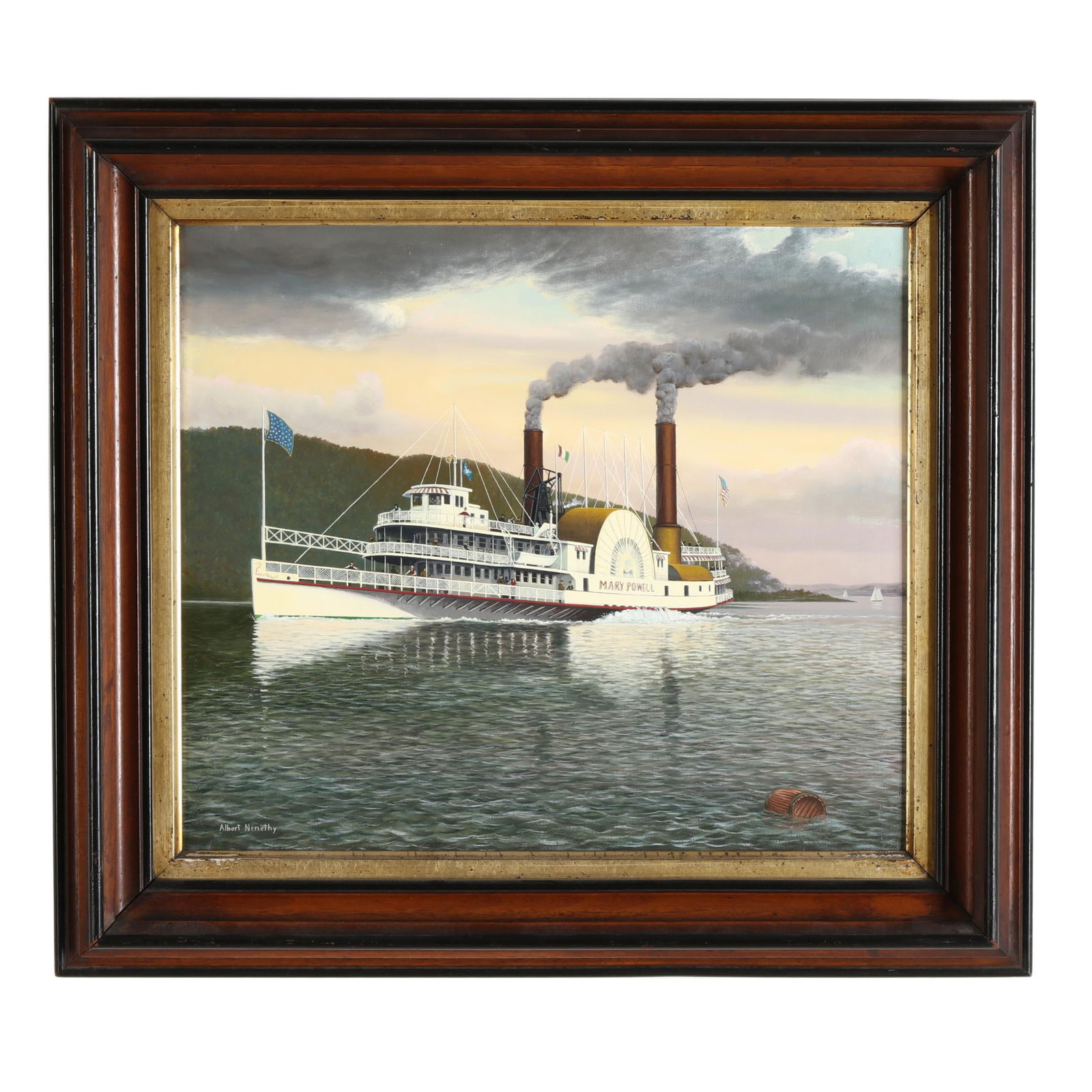 Albert Nemethy, Sr. (American, 1920-1998), The Steamboat 'Mary Powell': Albert Nemethy, Sr. (American, 1920-1998), The Steamboat 'Mary Powell'oil on canvas, signed at lower left, presented in an antique walnut frame with gilt liner. Stretcher size 13 x 15 in.; Frame dimen