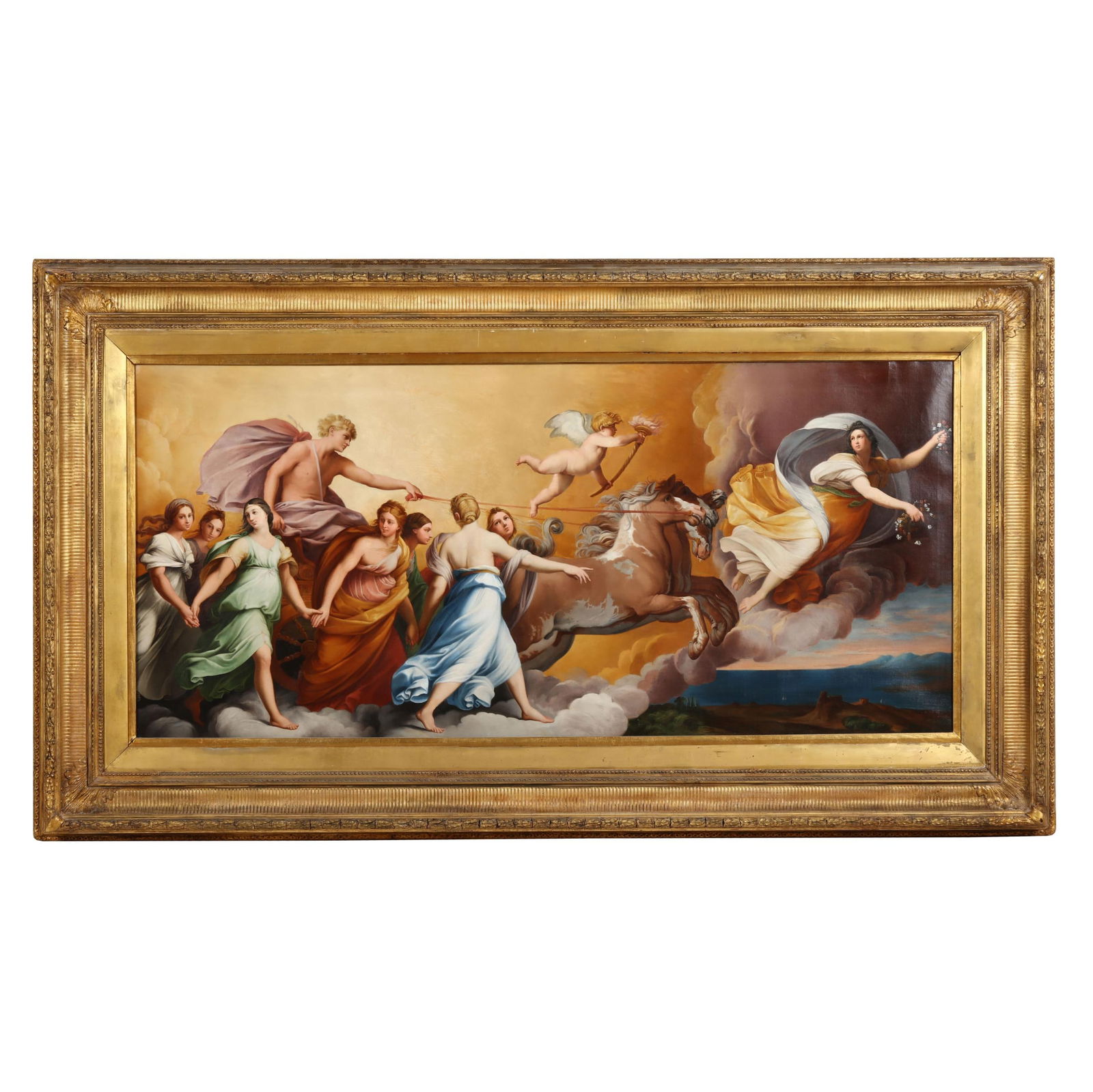 After Guido Reni (Italian, 1575-1642), Aurora: Apollo in his Chariot Preceded by Dawn: After Guido Reni (Italian, 1575-1642), Aurora: Apollo in his Chariot Preceded by Dawnoil on canvas, 19th century, signed "Francesco Renzi - Copio" to verso, retaining exhibition label to verso, presen