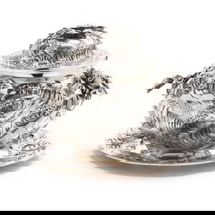 A Gorham Sterling Silver Oyster Tureen with Cover and Underplate, 1885: A Gorham Sterling Silver Oyster Tureen with Cover and Underplate, 1885the body featuring fish swimming amongst roiling waves, one handle in the form of a lobster and the other handle in the form of a